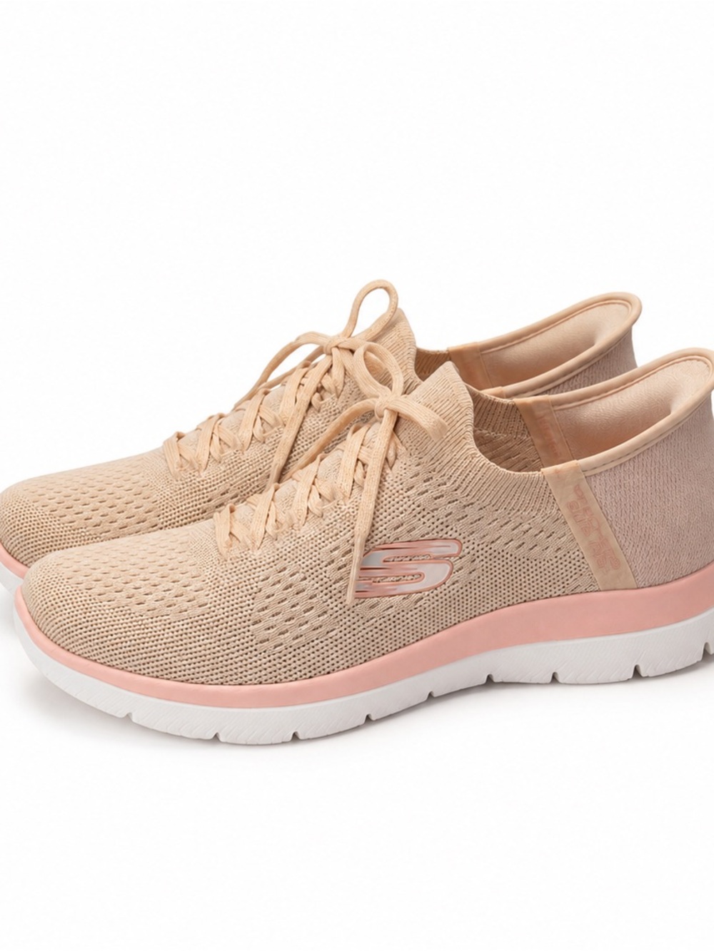 Skechers Women's Beige & Blush Knit Lace-Up Slip-On Sneakers